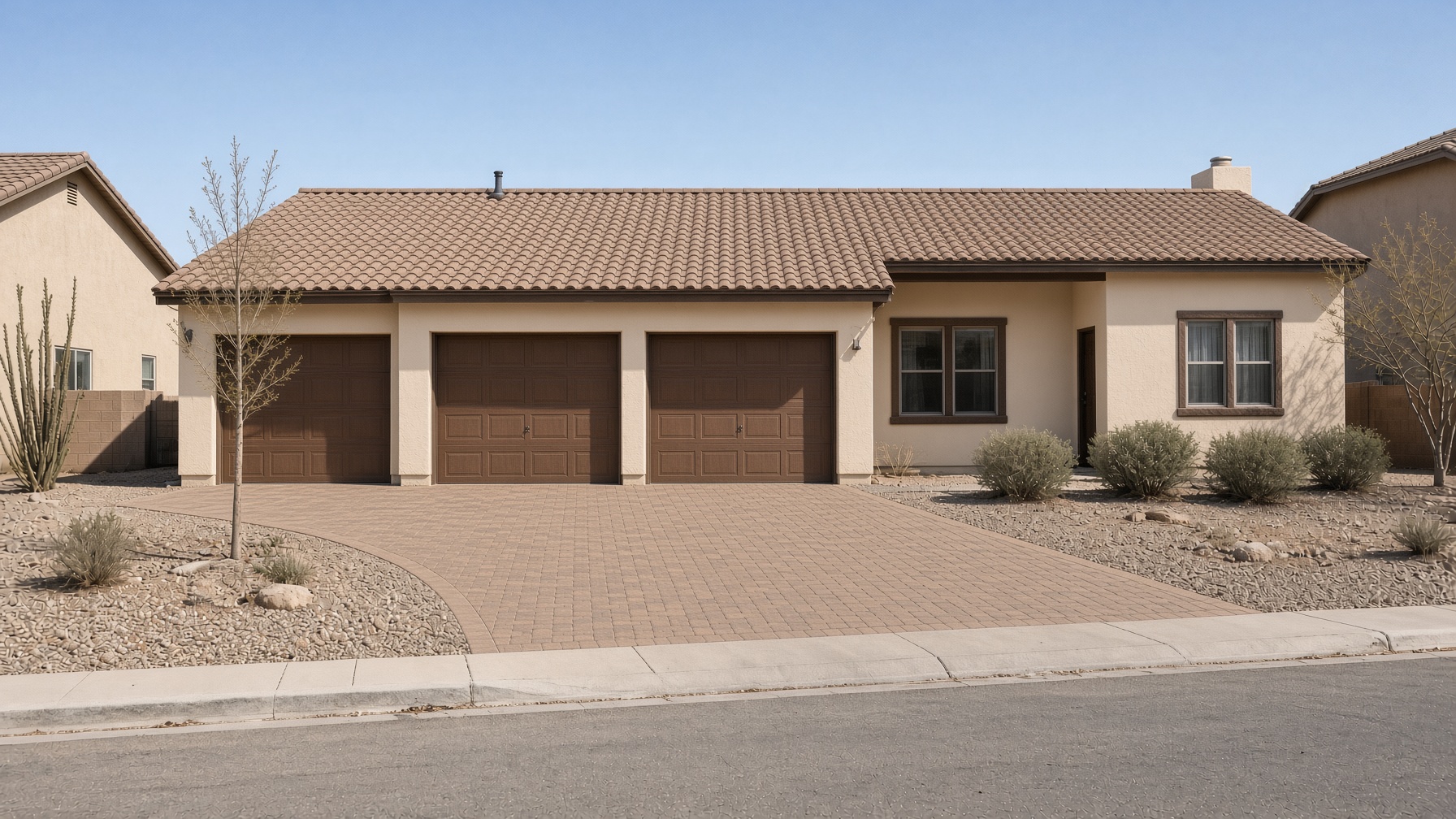 The same house with Santa Barbara cream stucco and a paver driveway