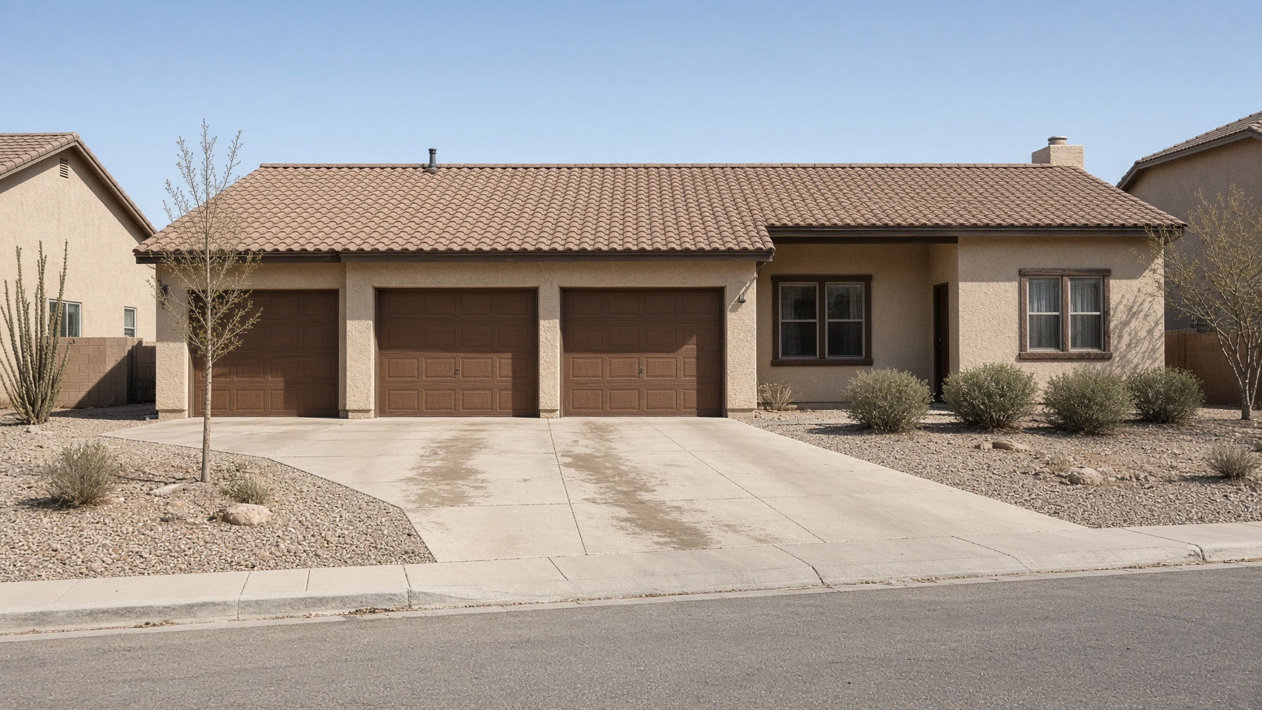 An Arizona suburban house with beige knockdown stucco and a concrete driveway