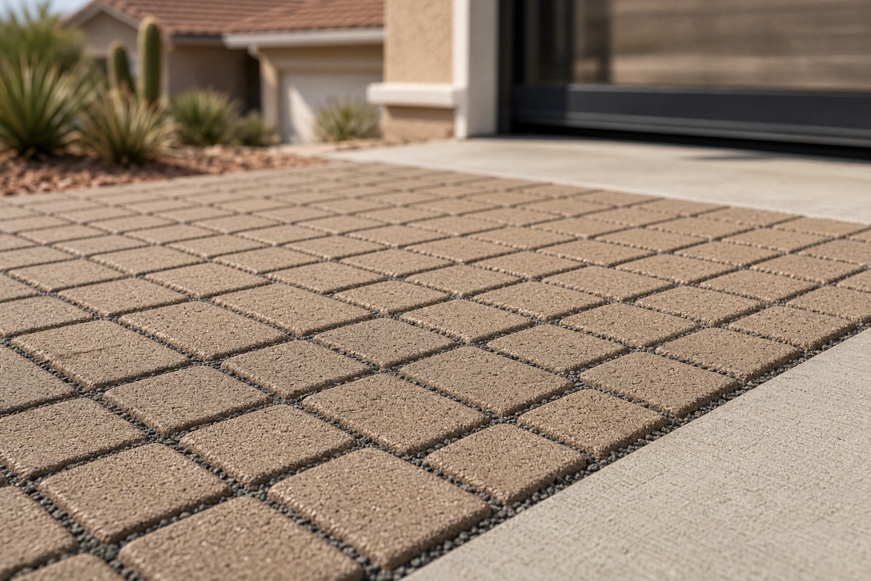 Warm clay-taupe driveway pavers in Arizona sun
