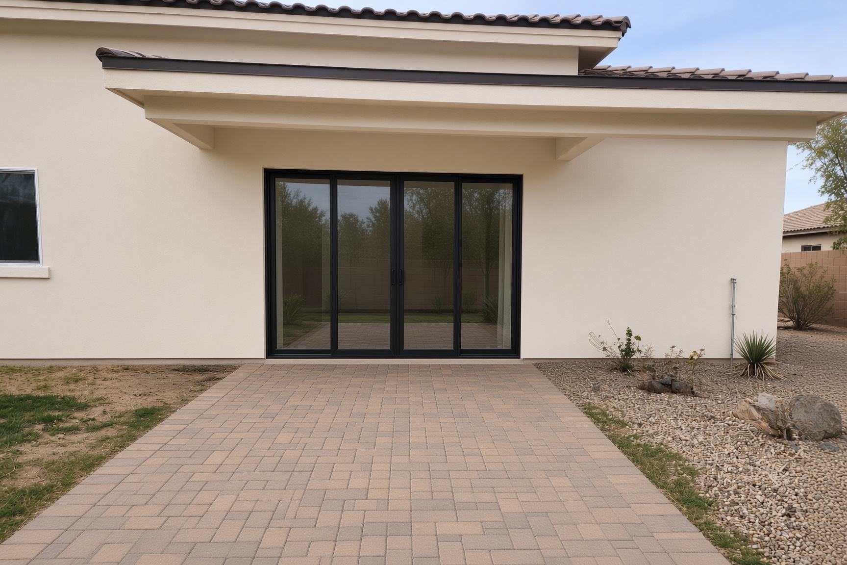A four-panel multi-slide glass wall opening a living room to a paver patio